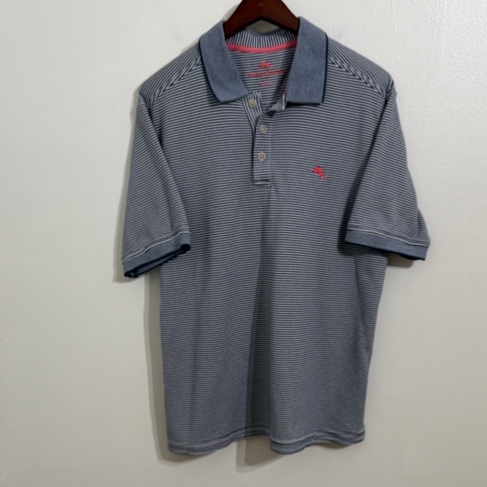 TOMMY BAHAMA Polo Shirt Mens Large Blue White Stripe Business Coastal Adult